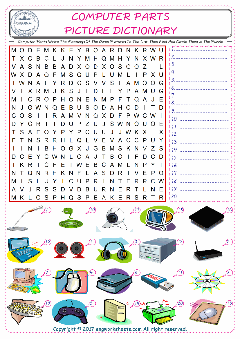  For kids, check the picture of Computer Parts find, and write the word and find it in the word puzzle ESL printable worksheet. 